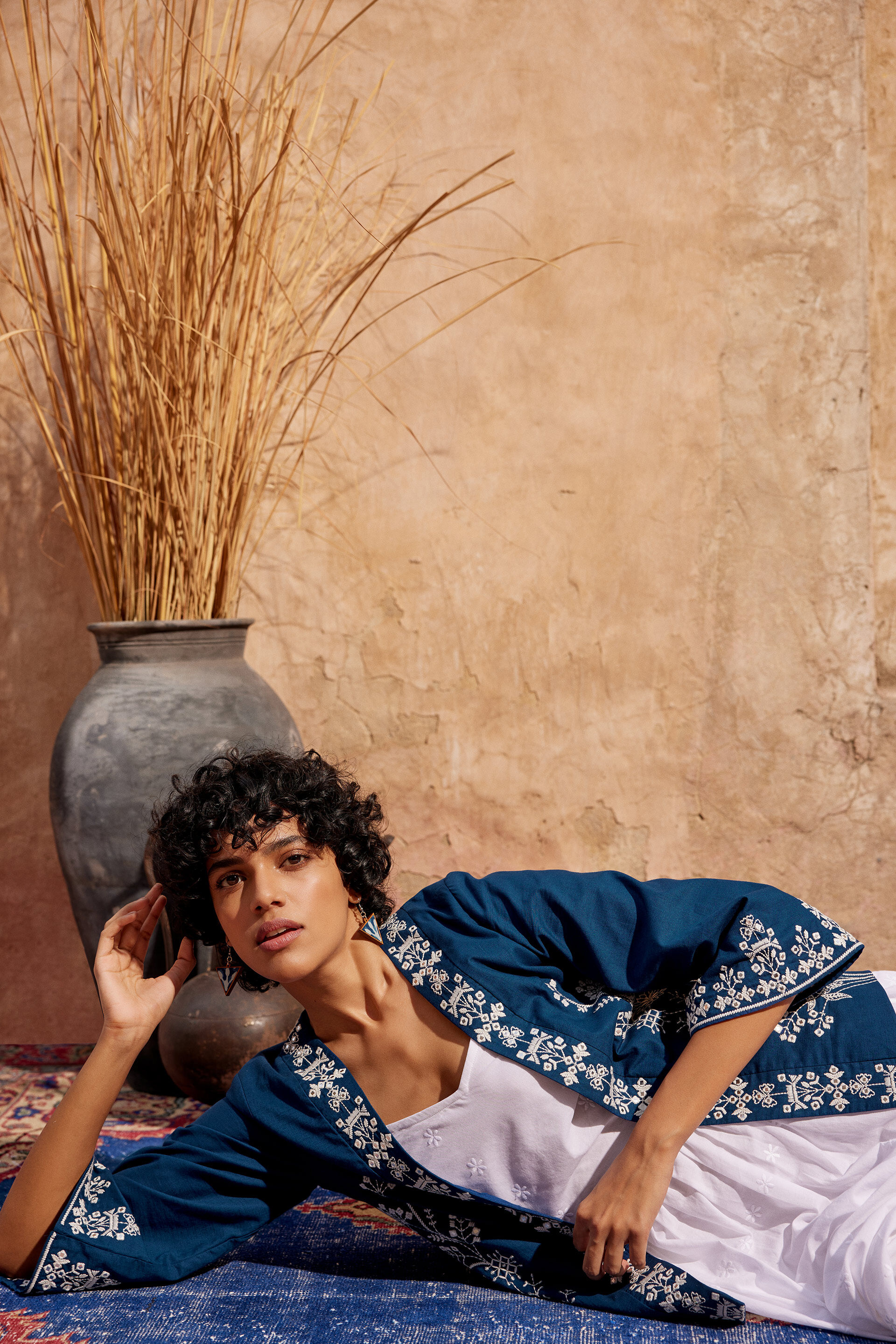 Indigo Blue Embroidered Cotton Jacket, Navy Blue, image 5